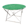 Antique round folding garden table with a green patina.