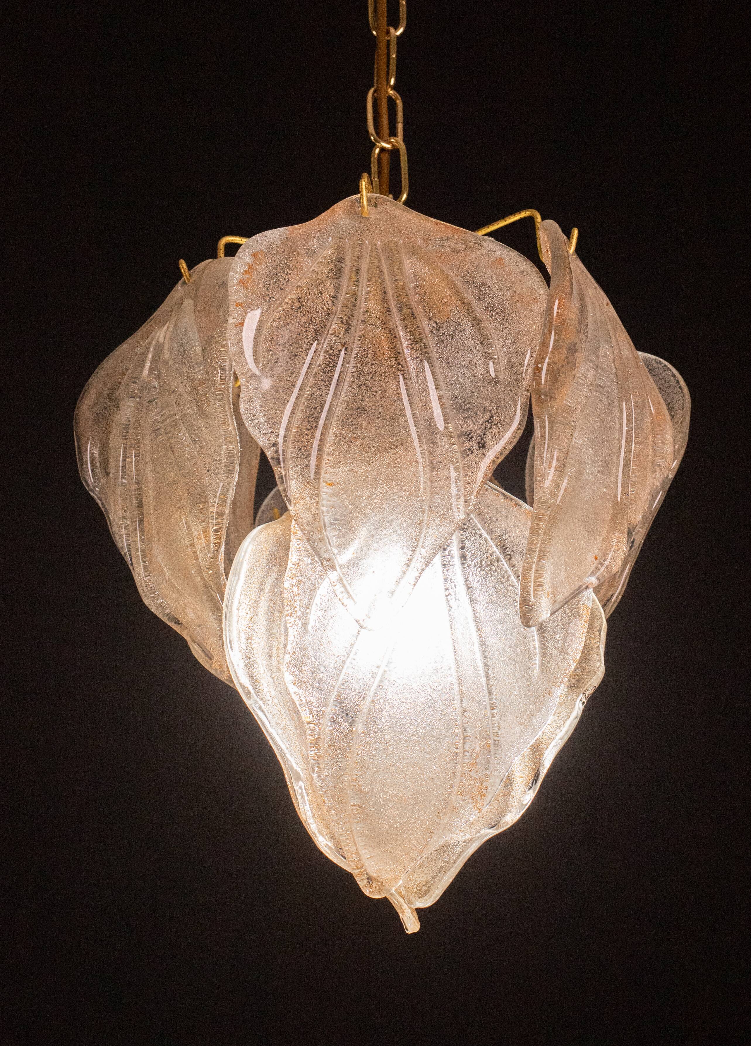 Gorgeous vintage Murano chandelier with leaves of orange and pink highlights