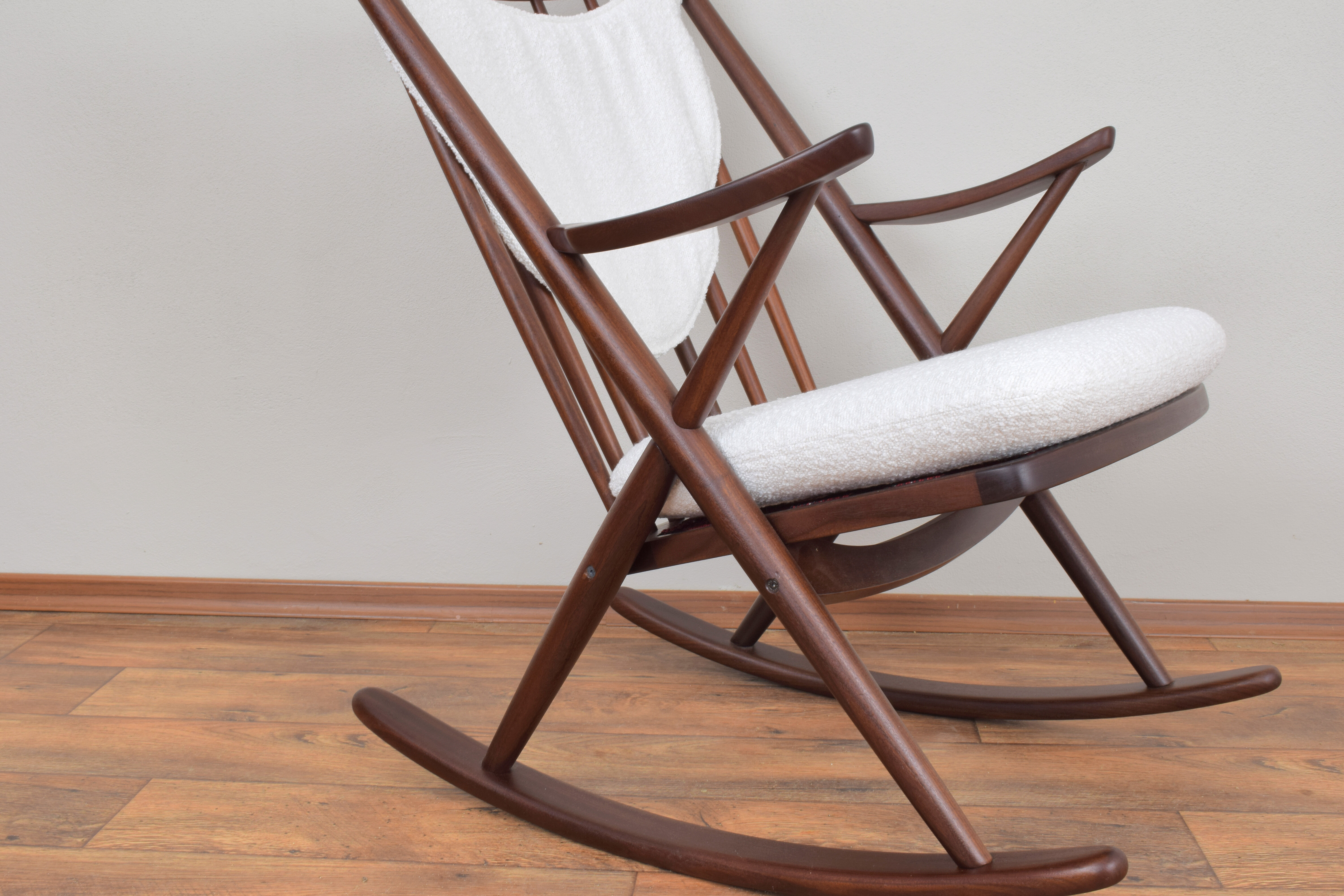 Danish teak & boucle rocking chair by Frank Reenskaug for Bramin