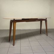 Console from the 1950s with a pink marble top and a cherry wood frame.