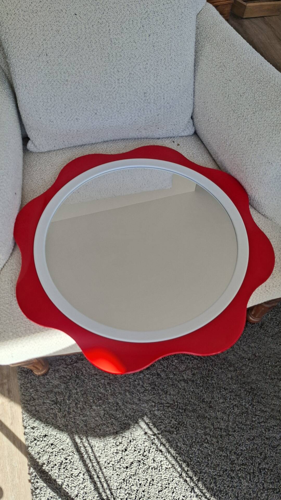 Round wall mirror 53 cm red/white vintage 1960s/70s