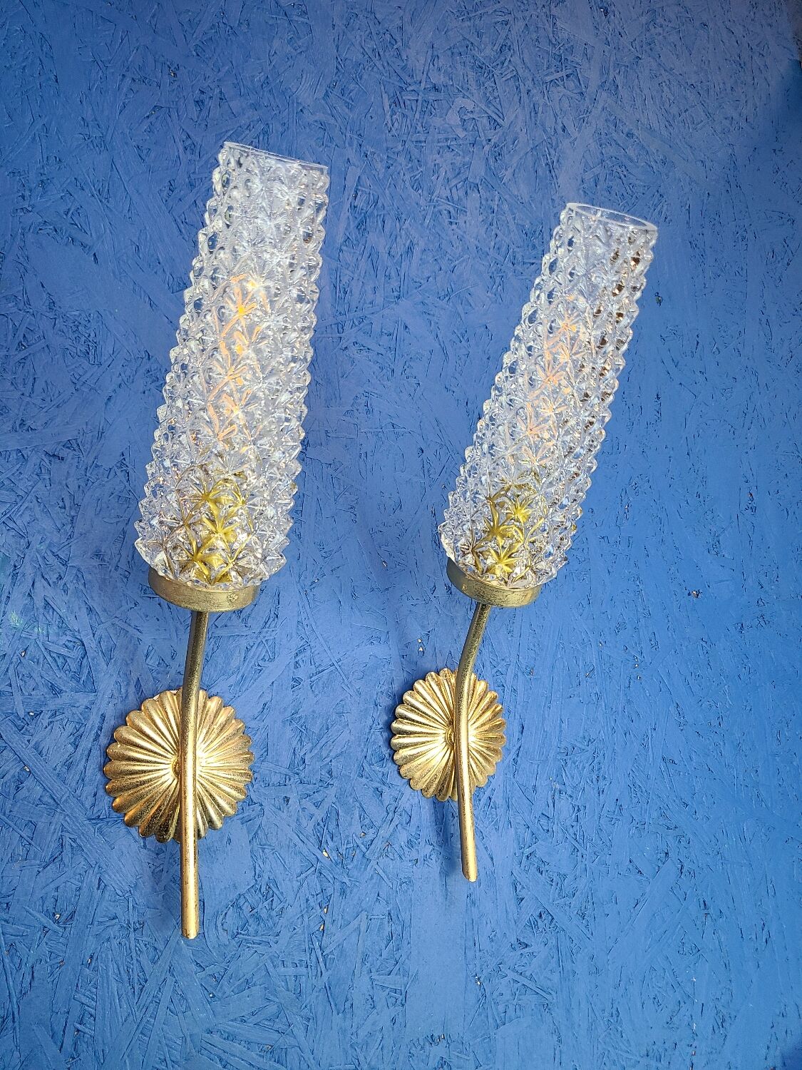 Pair of vintage 1970 glass and metal wall lights