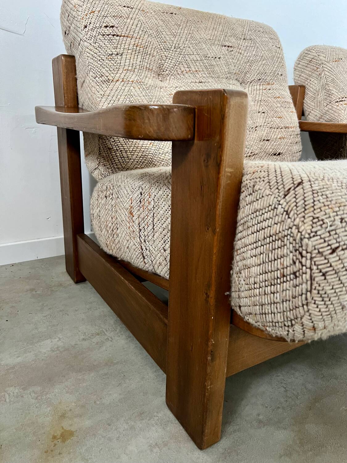 Lot of 2 solid elm armchairs, Maison Regain design, 70s vintage