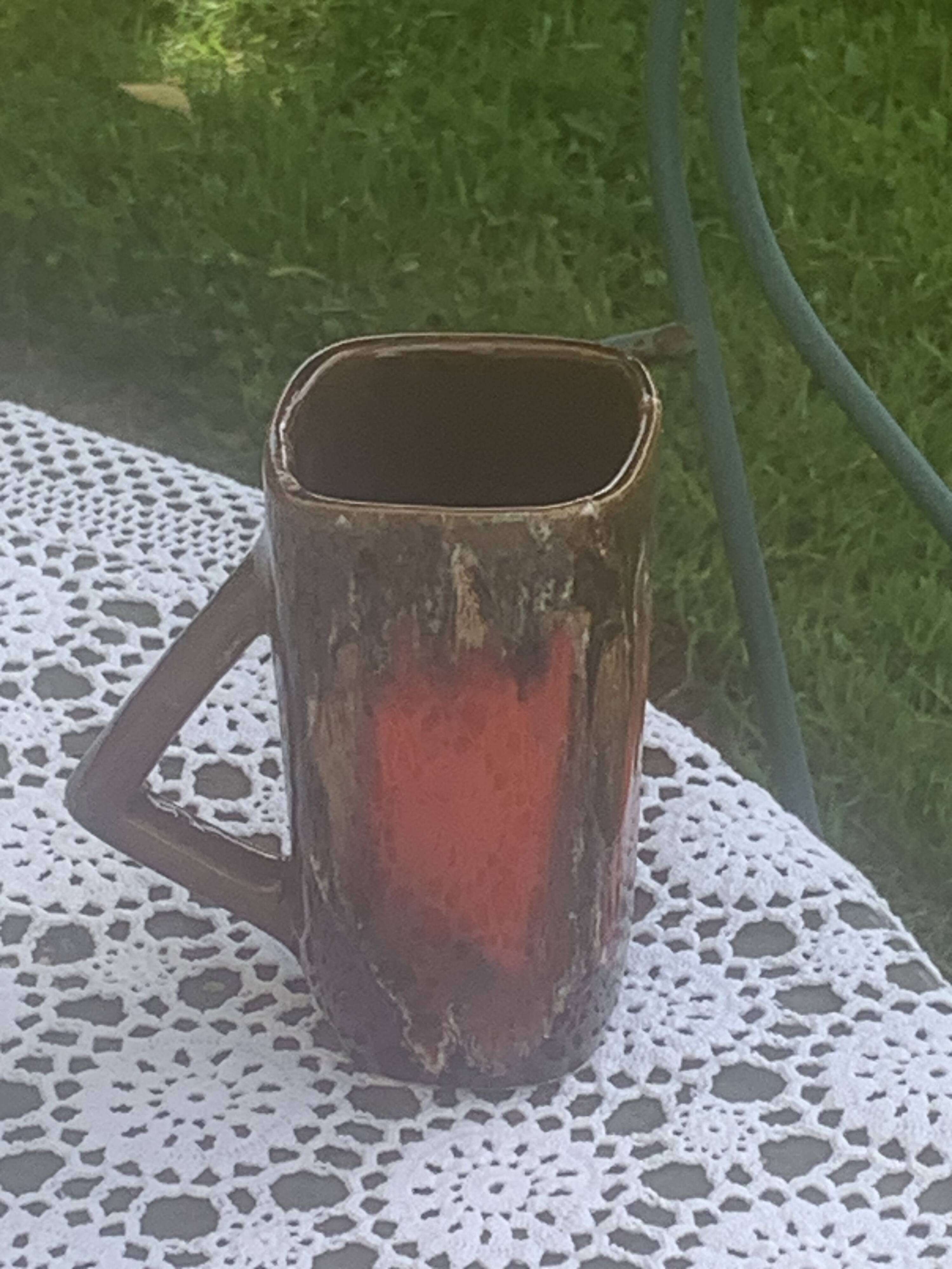 6 enamelled ceramic mugs, red and brown, Vallauris, vintage and designer