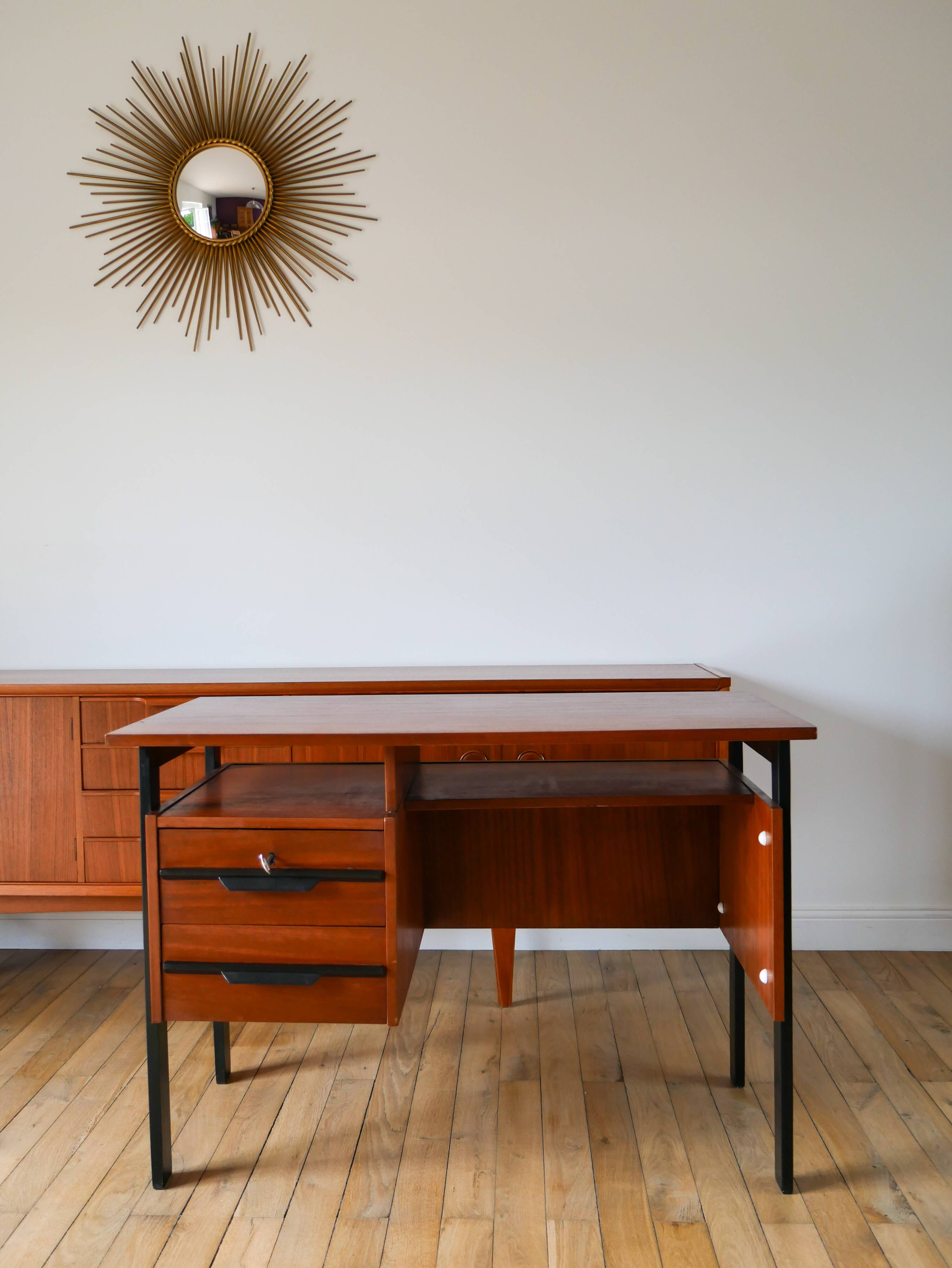 Scandinavian desk in black metal oak veneer, Modernist Design, 1960