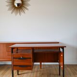Bureau scandinave en placage chêne métal noir, Design Moderniste, 1960