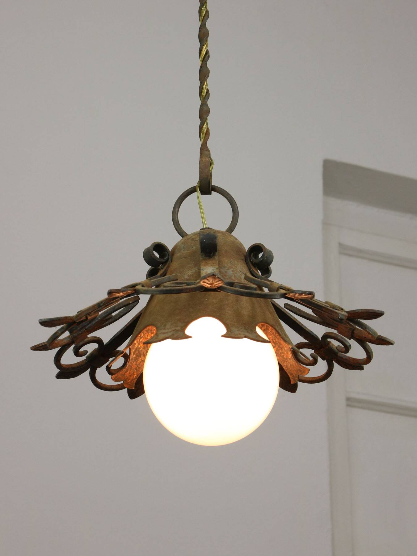 Vintage Wrought Iron Intricate Pendant Lamp, 1930s