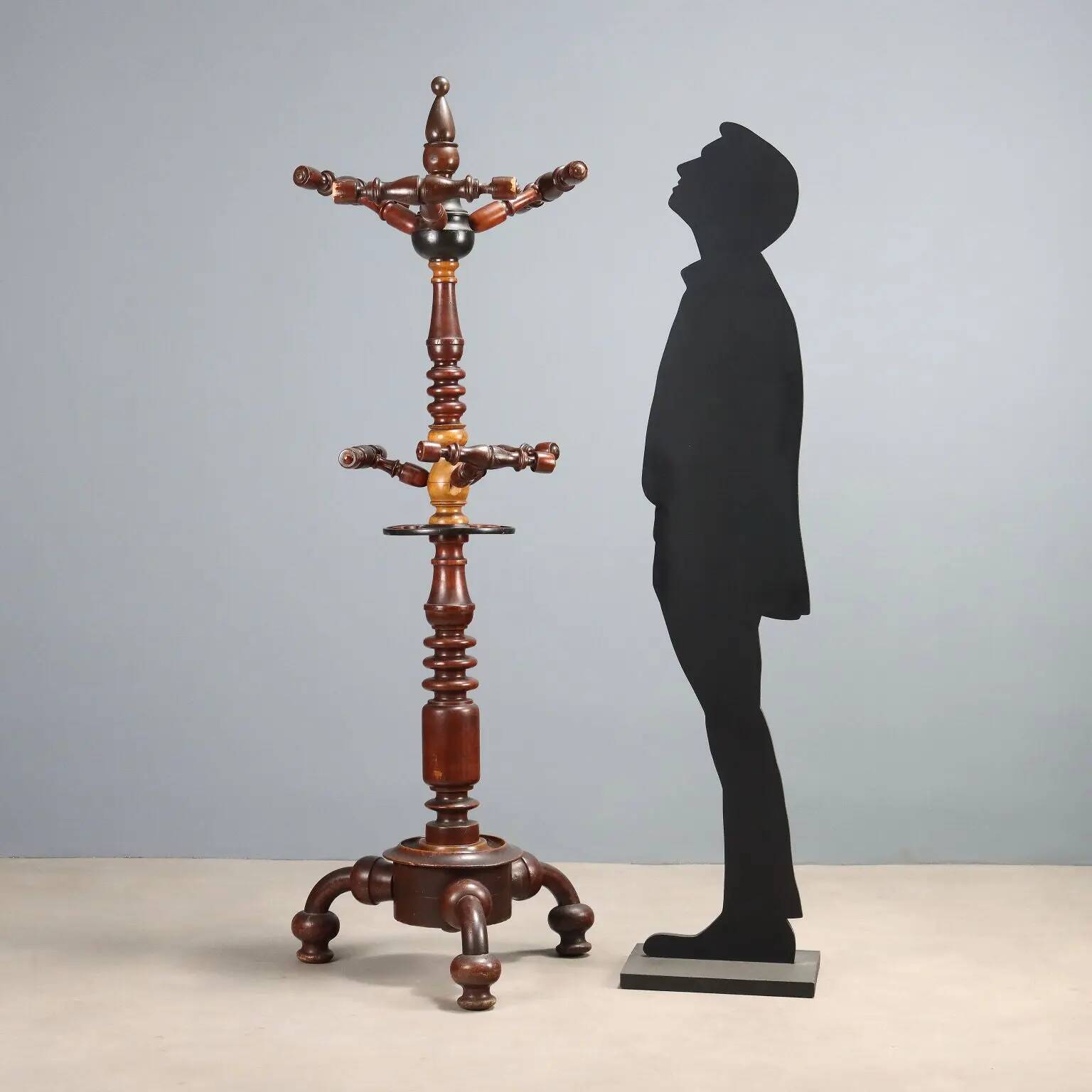 Antique coat rack in elm and maple, Italy, 19th century