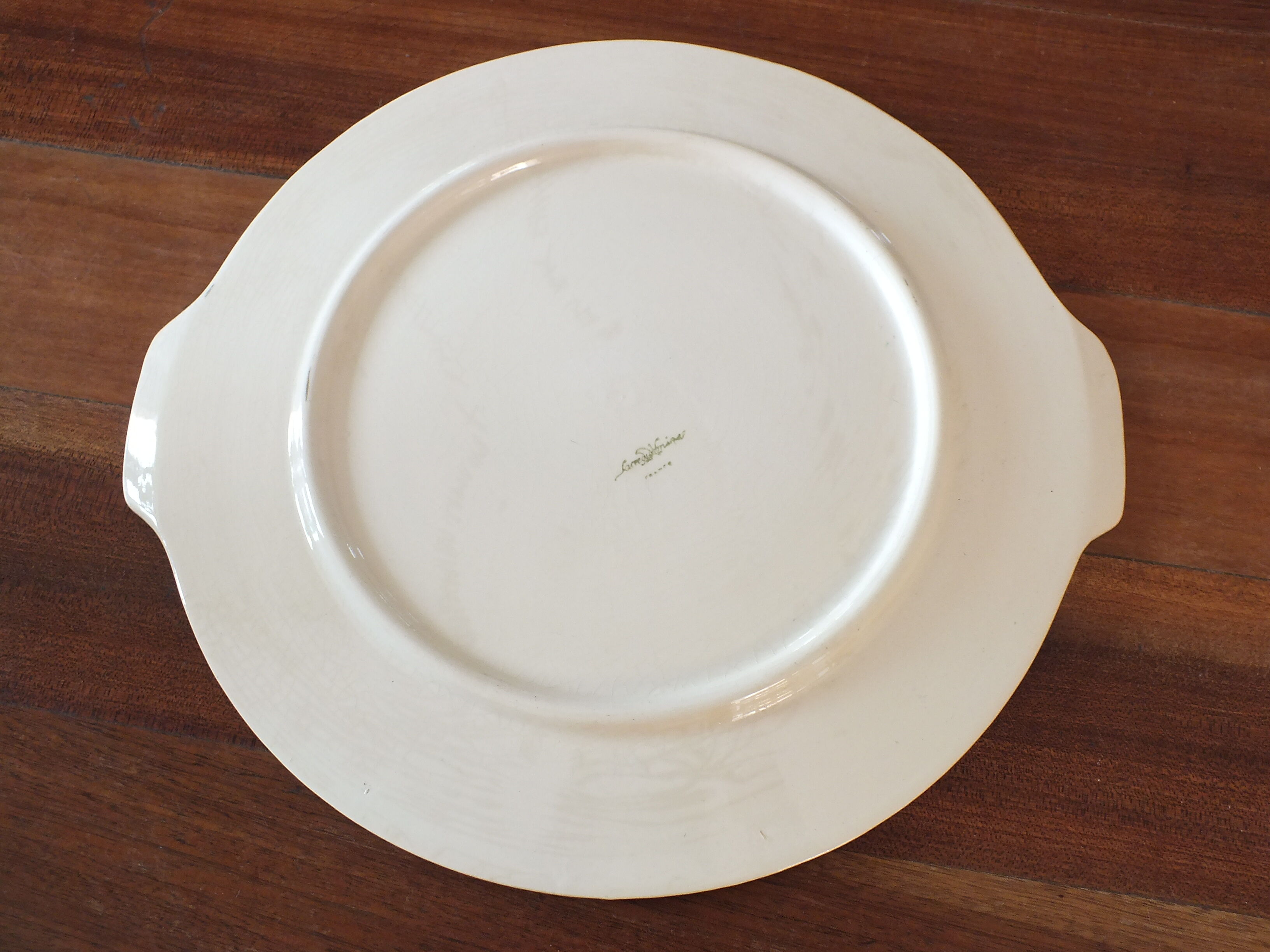 Dish + pie shovel in earthenware Sarreguemines green, cream and gold 1950