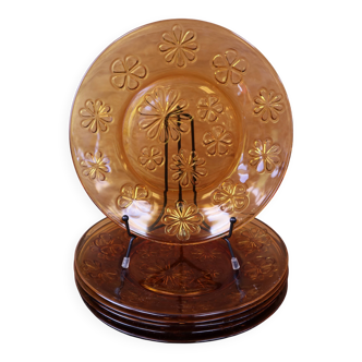 6 vintage floral amber glass dinner plates Vereco 70's