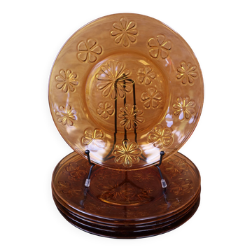 6 vintage floral amber glass dinner plates Vereco 70's