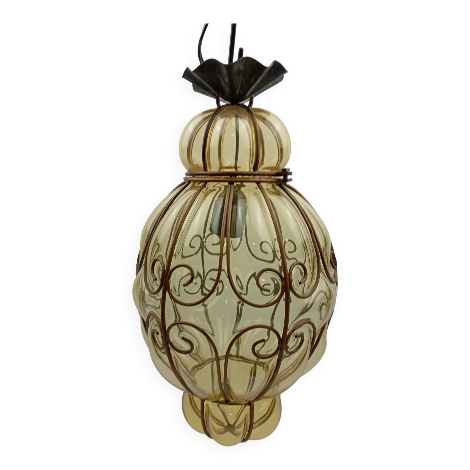 Vintage venetian pendant lamp in caged blown murano glass