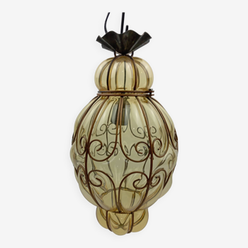 Vintage venetian pendant lamp in caged blown murano glass