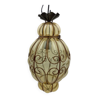 Vintage venetian pendant lamp in caged blown murano glass