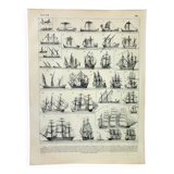 Gravure ancienne 1898, Bateau à voile et navire (1) • Lithographie, Planche originale
