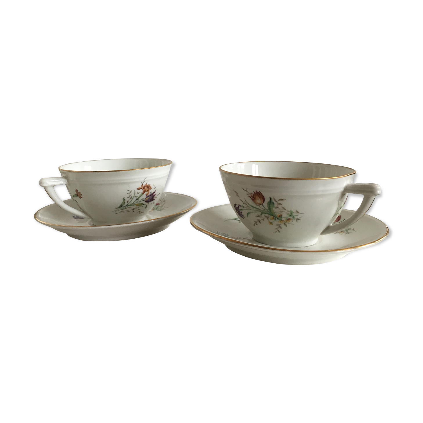 Duo of white Limoges porcelain cups with flowers