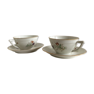 Duo of white Limoges porcelain cups with flowers