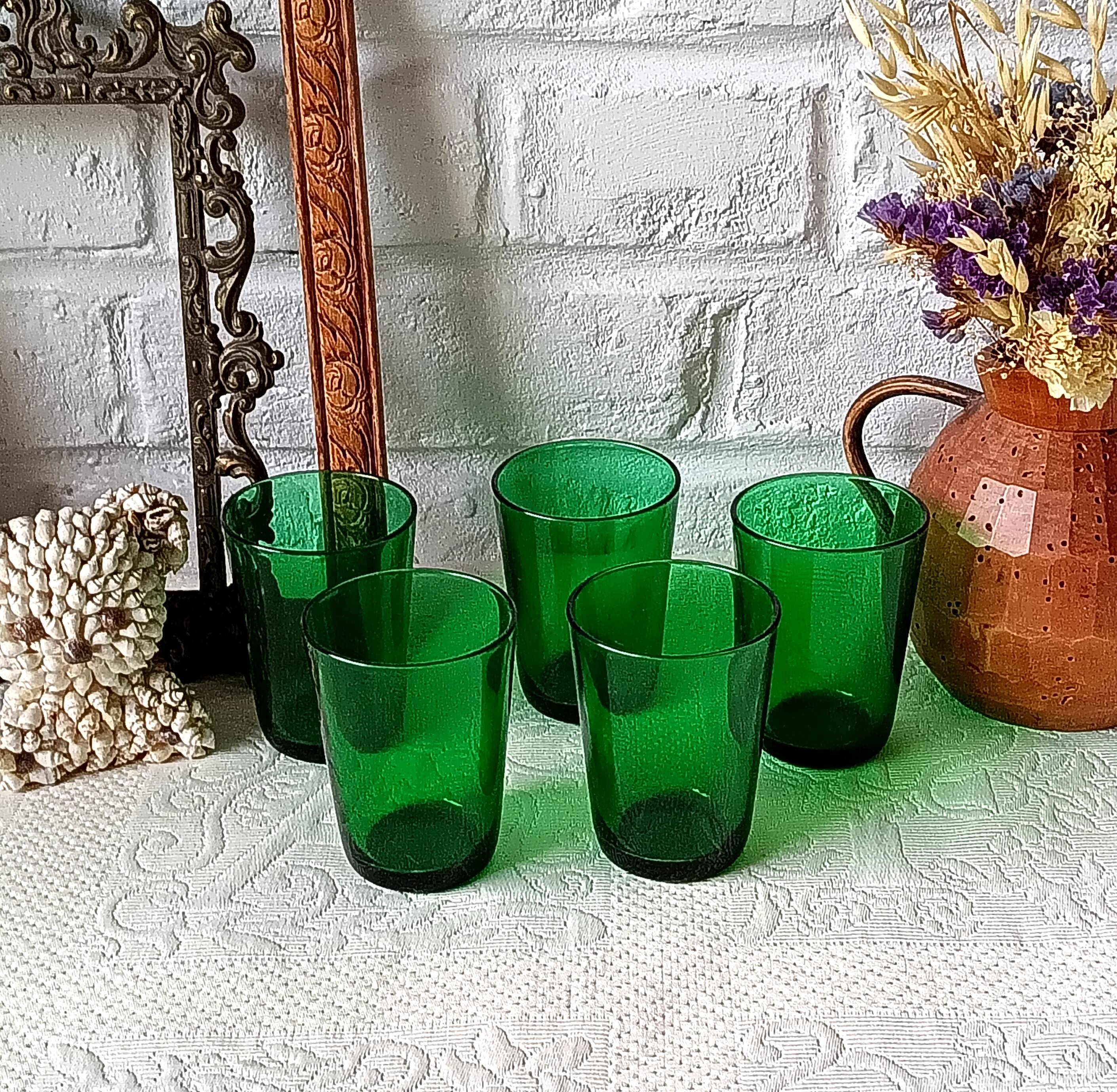 5 glasses 15 cl Retro emerald green tempered glass France