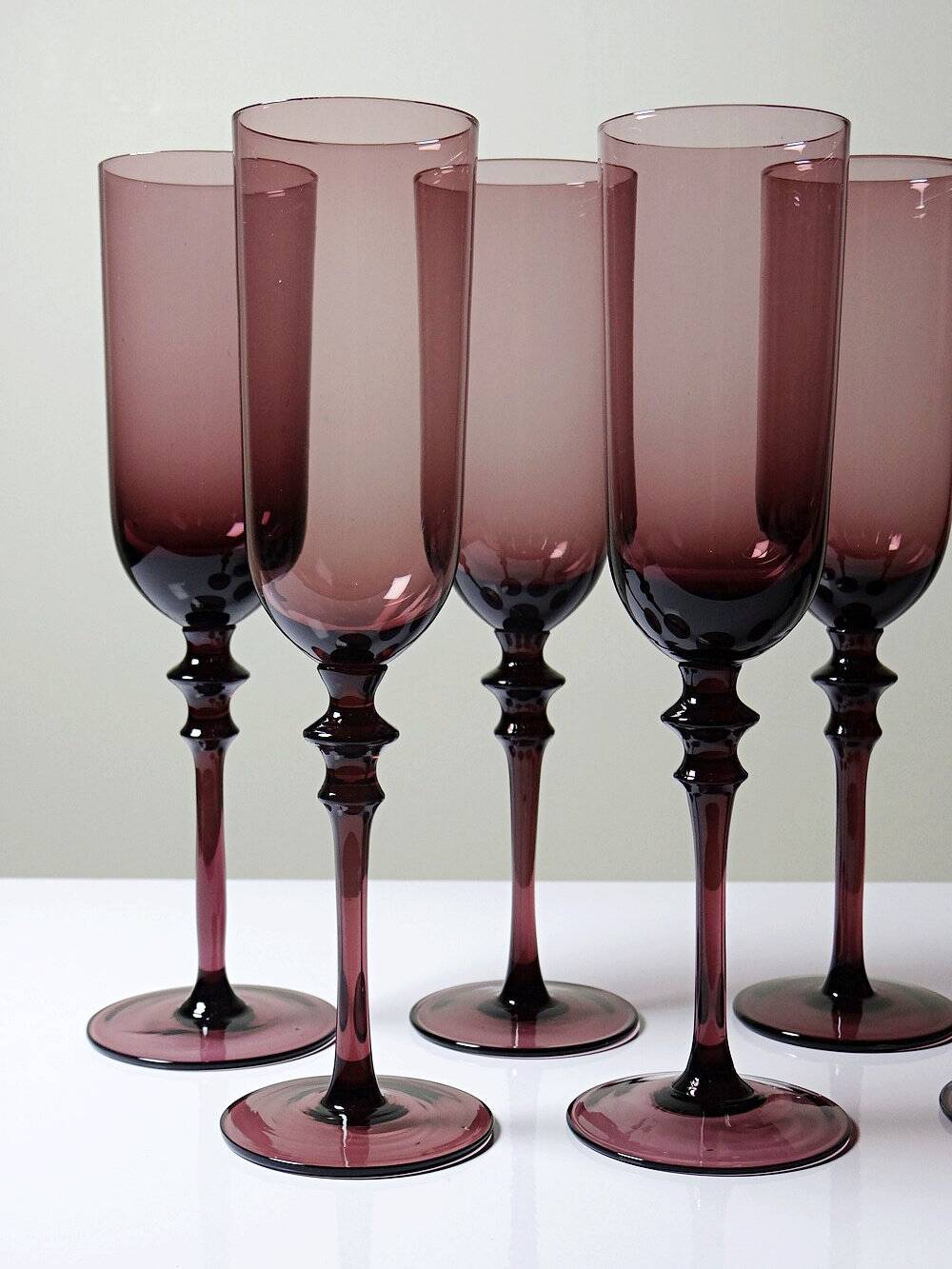 Set of 6 large vintage 70s-80s champagne flutes, violet blown glass