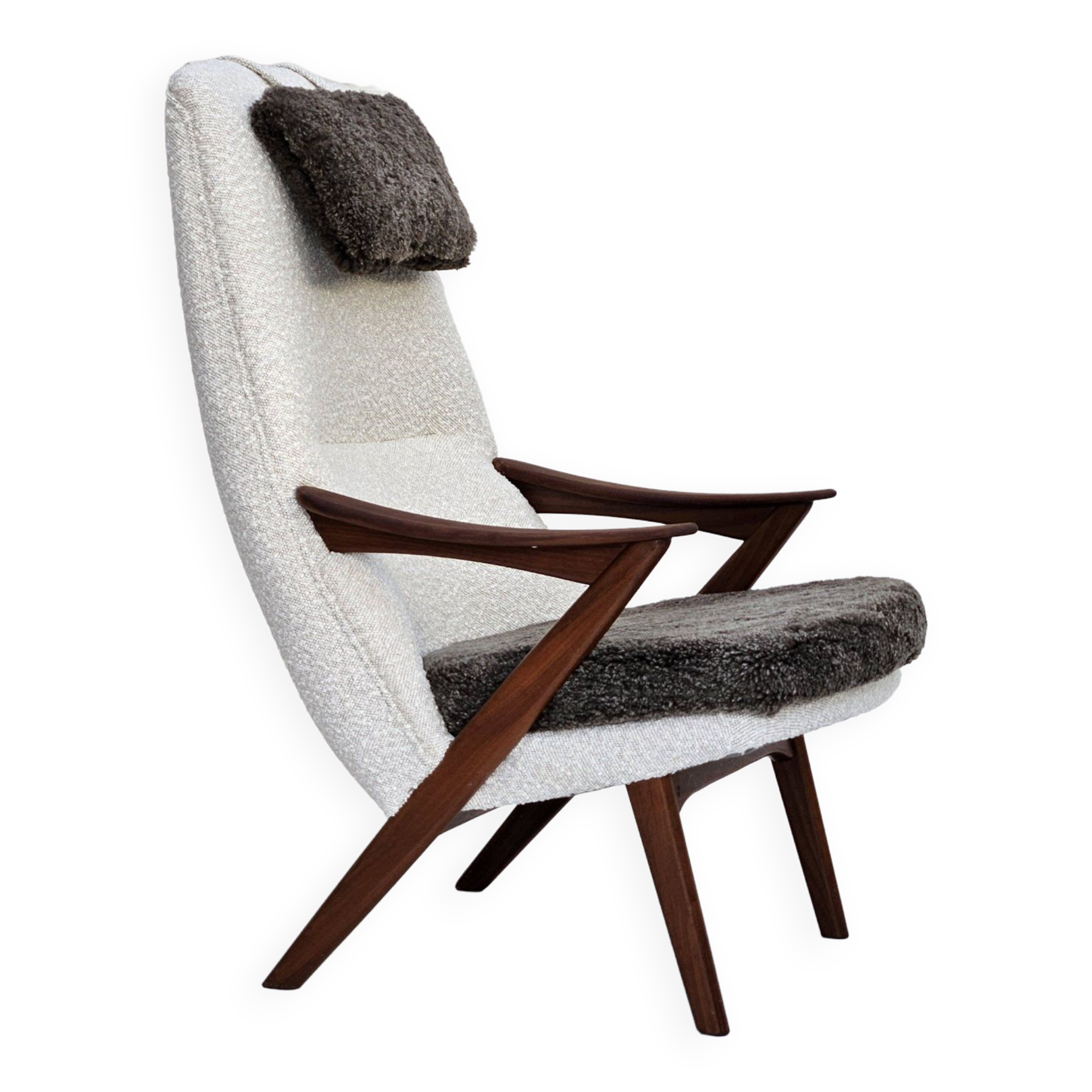 1960s, Scandinavian design, reupholstered armchair, furniture fabric, genuine sheepskin, teak.