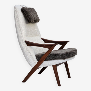 1960s, Scandinavian design, reupholstered armchair, furniture fabric, genuine sheepskin, teak.
