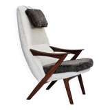 1960s, Scandinavian design, reupholstered armchair, furniture fabric, genuine sheepskin, teak.