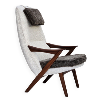 1960s, Scandinavian design, reupholstered armchair, furniture fabric, genuine sheepskin, teak.