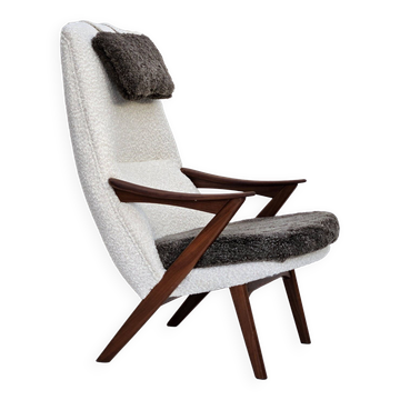 1960s, Scandinavian design, reupholstered armchair, furniture fabric, genuine sheepskin, teak.