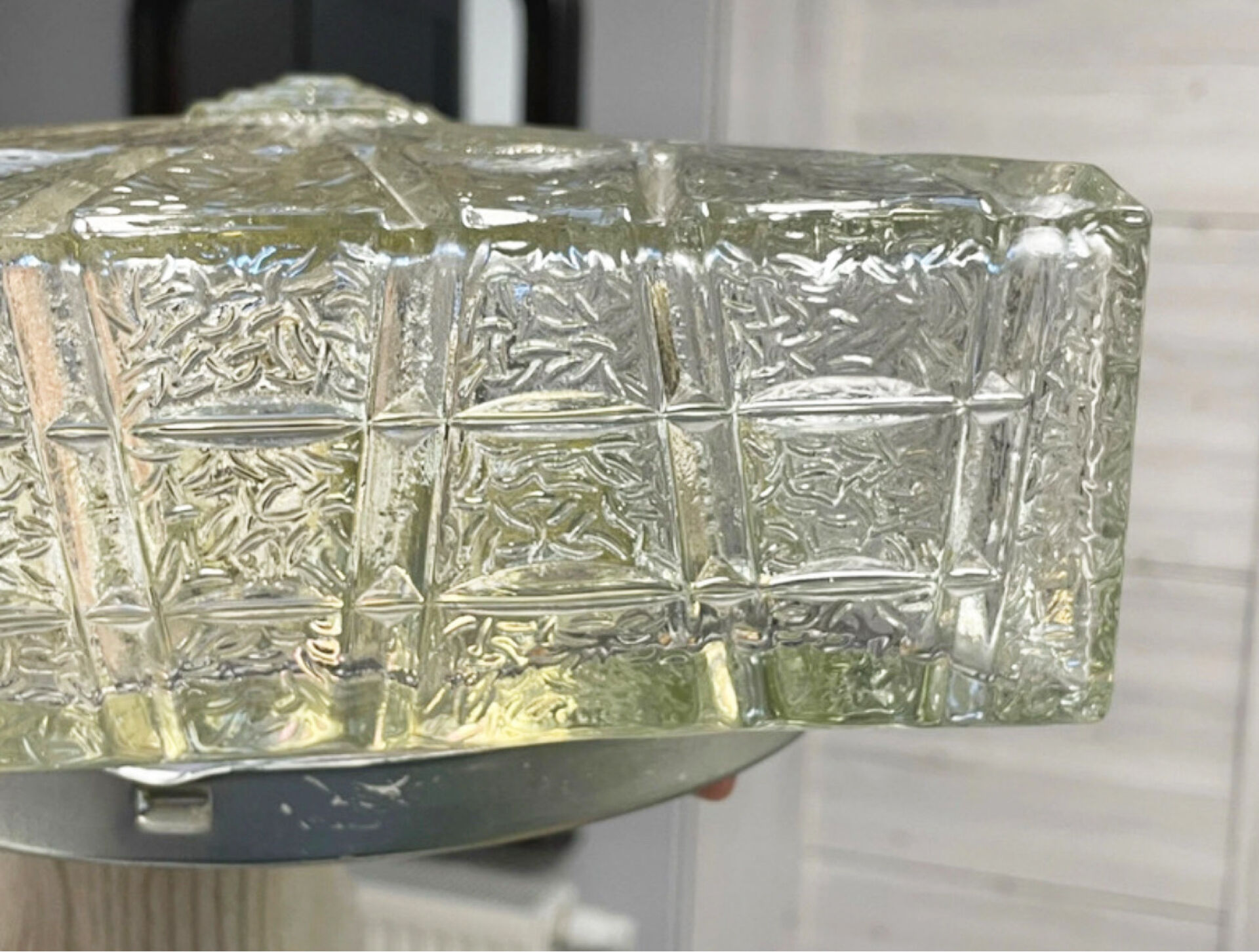 Vintage Flush Mount Square Glass Ceiling Lamp, Sunburst Motif