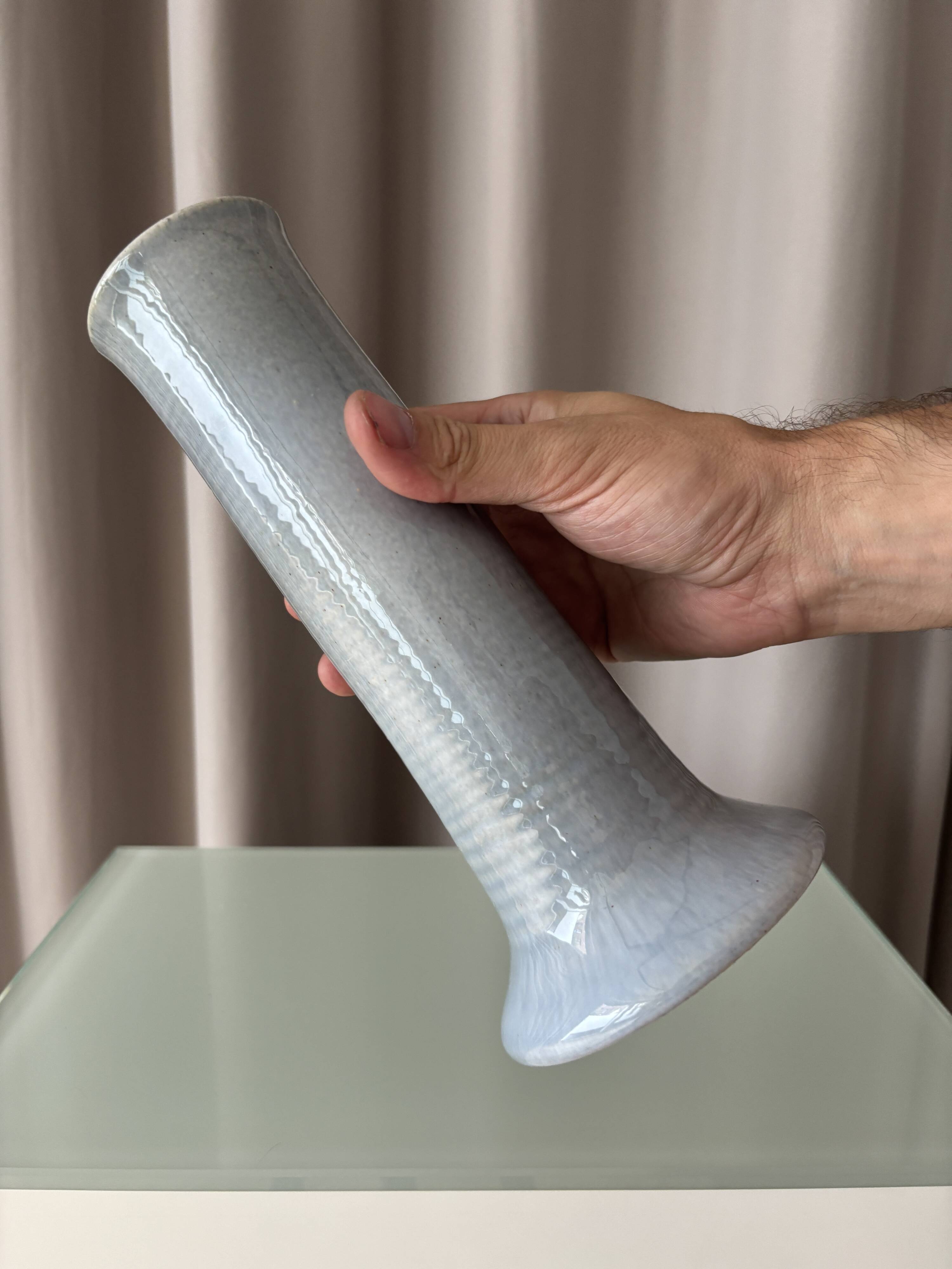 Tall Vintage Studio Pottery Vase – Pale Blue & Brown Glaze