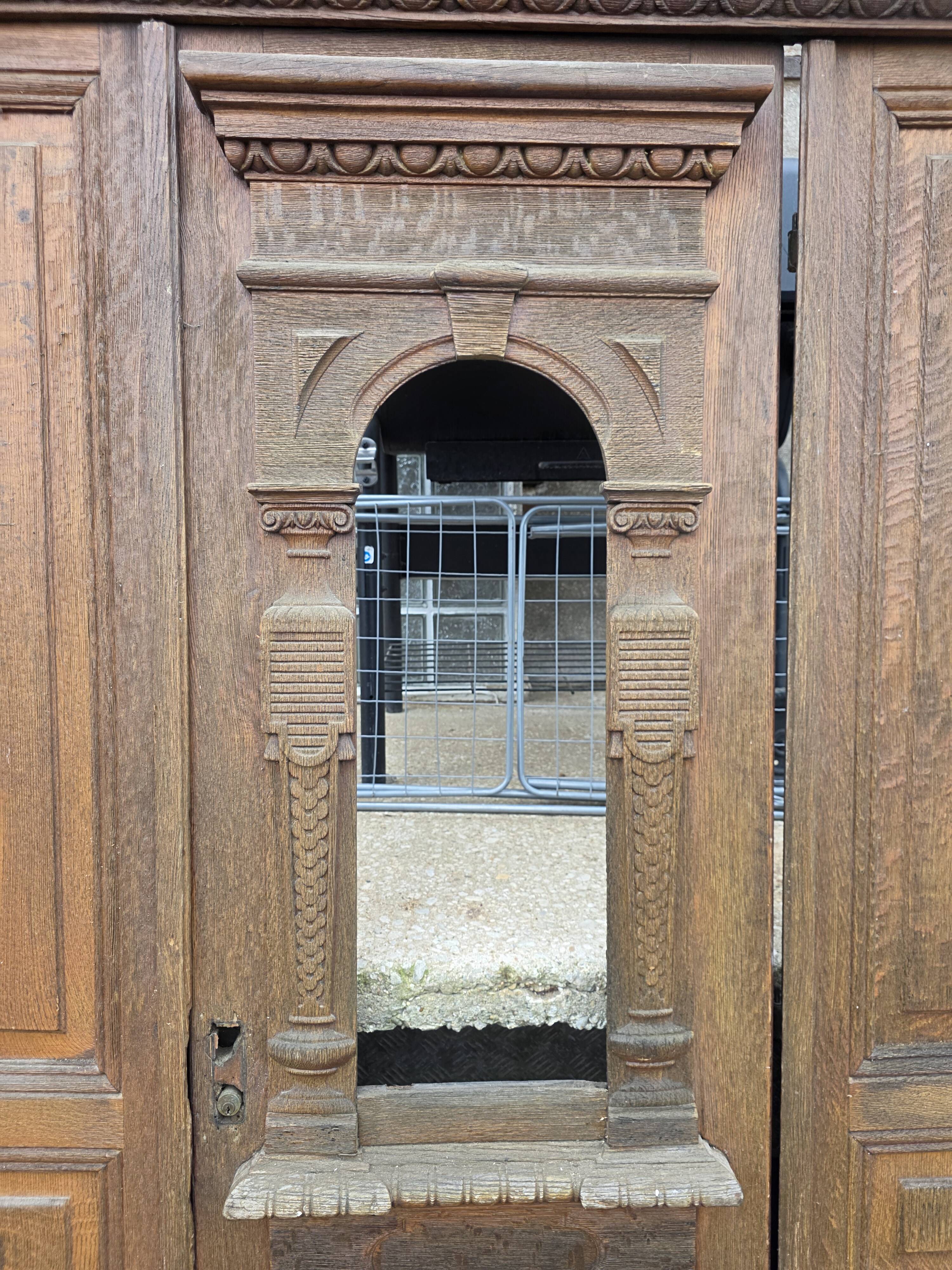 19th-century solid oak entrance door with three openings, including frame.