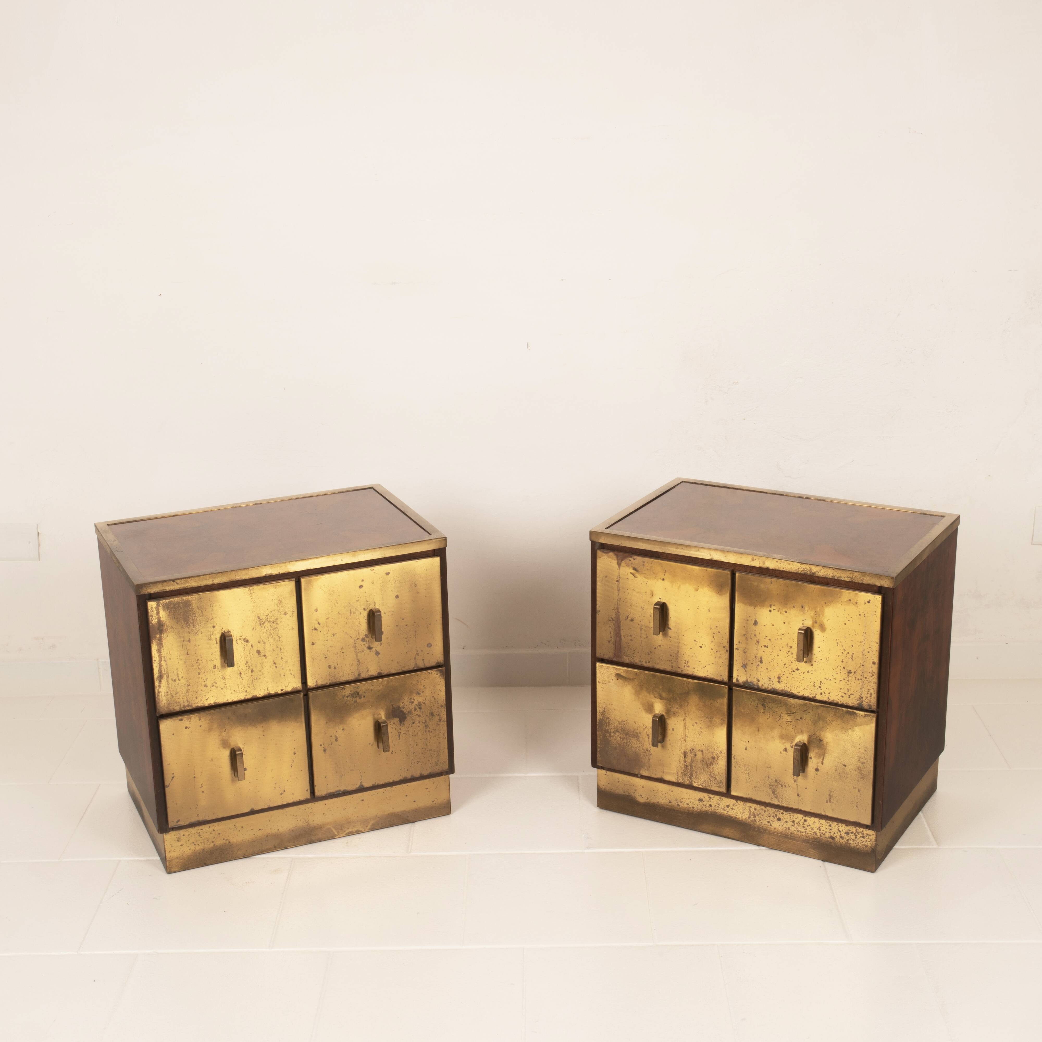 Aldo Frigerio Italian Walnut Burl and Gold-Laminated Brass Bagdad Nightstands