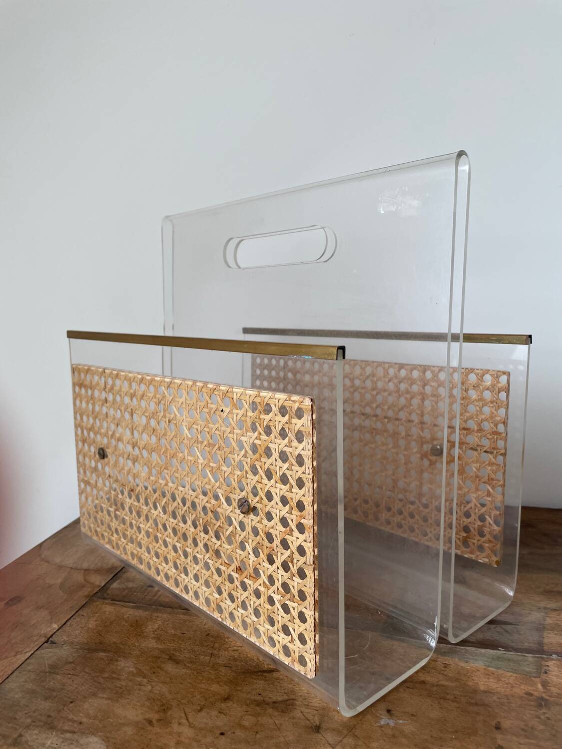 Magazine rack in plexiglass, brass and cane, 1970