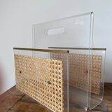 Magazine rack in plexiglass, brass and cane, 1970
