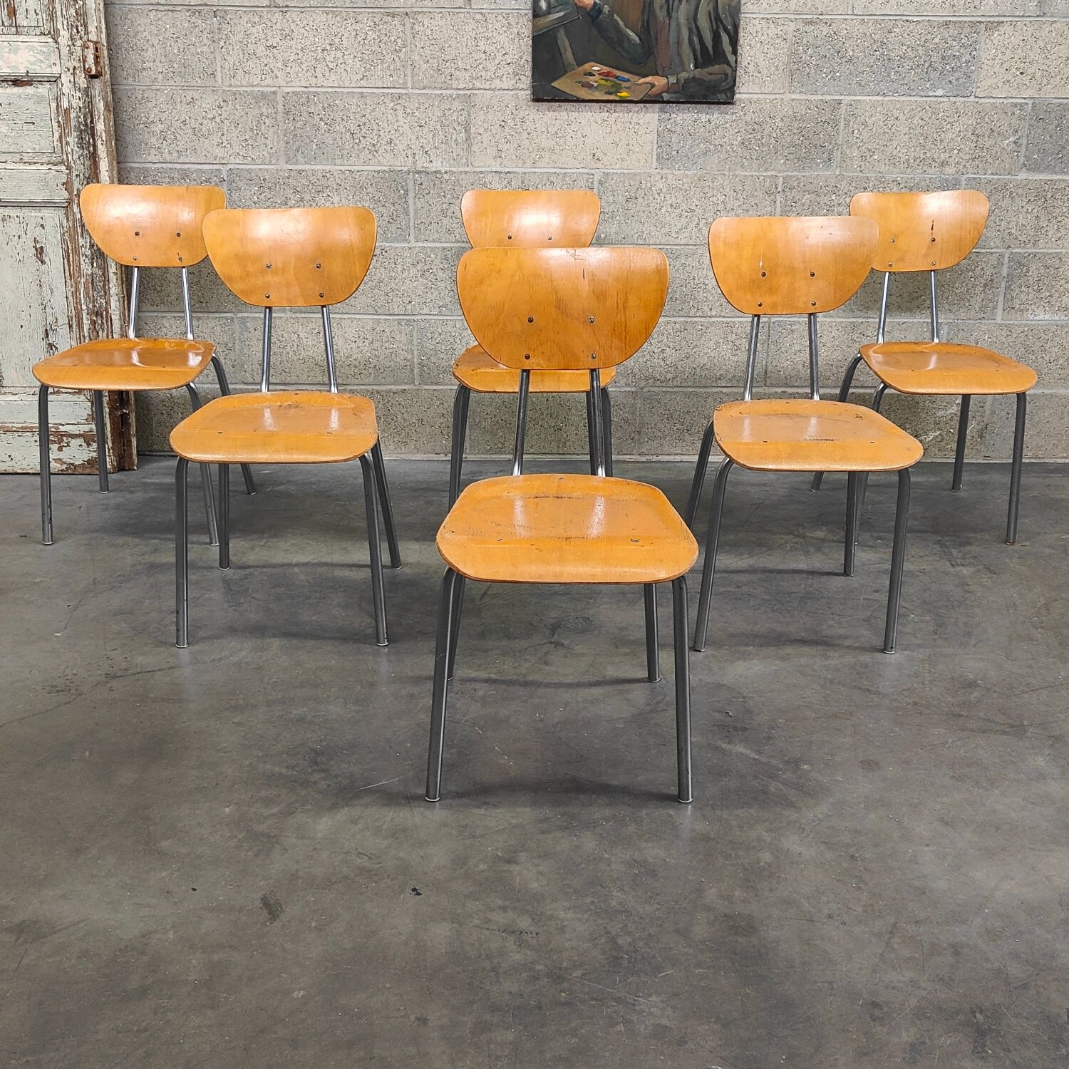Lot de 6 chaises type ecole chrome et bois 1970