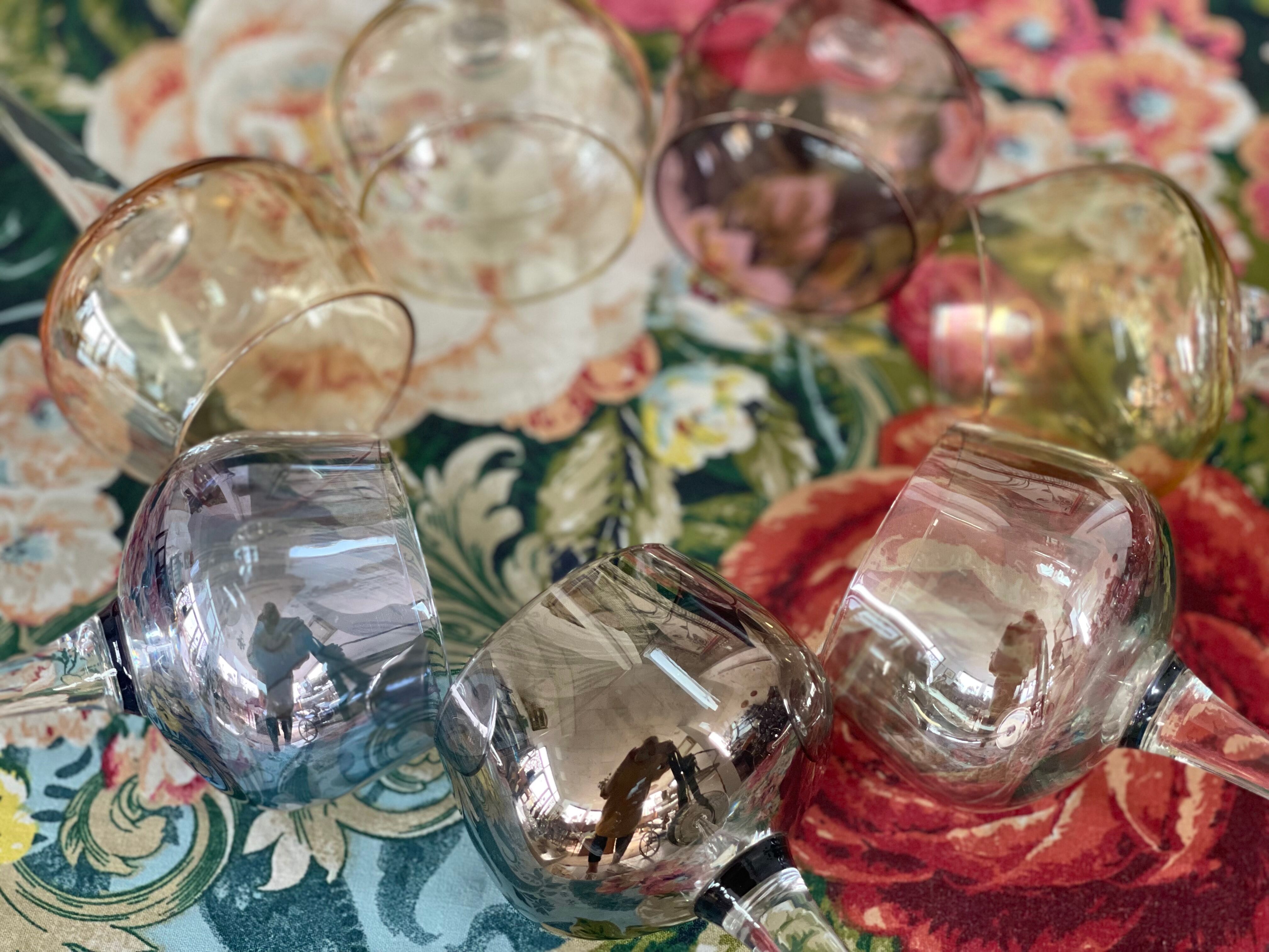 7 vintage iridescent foot glasses