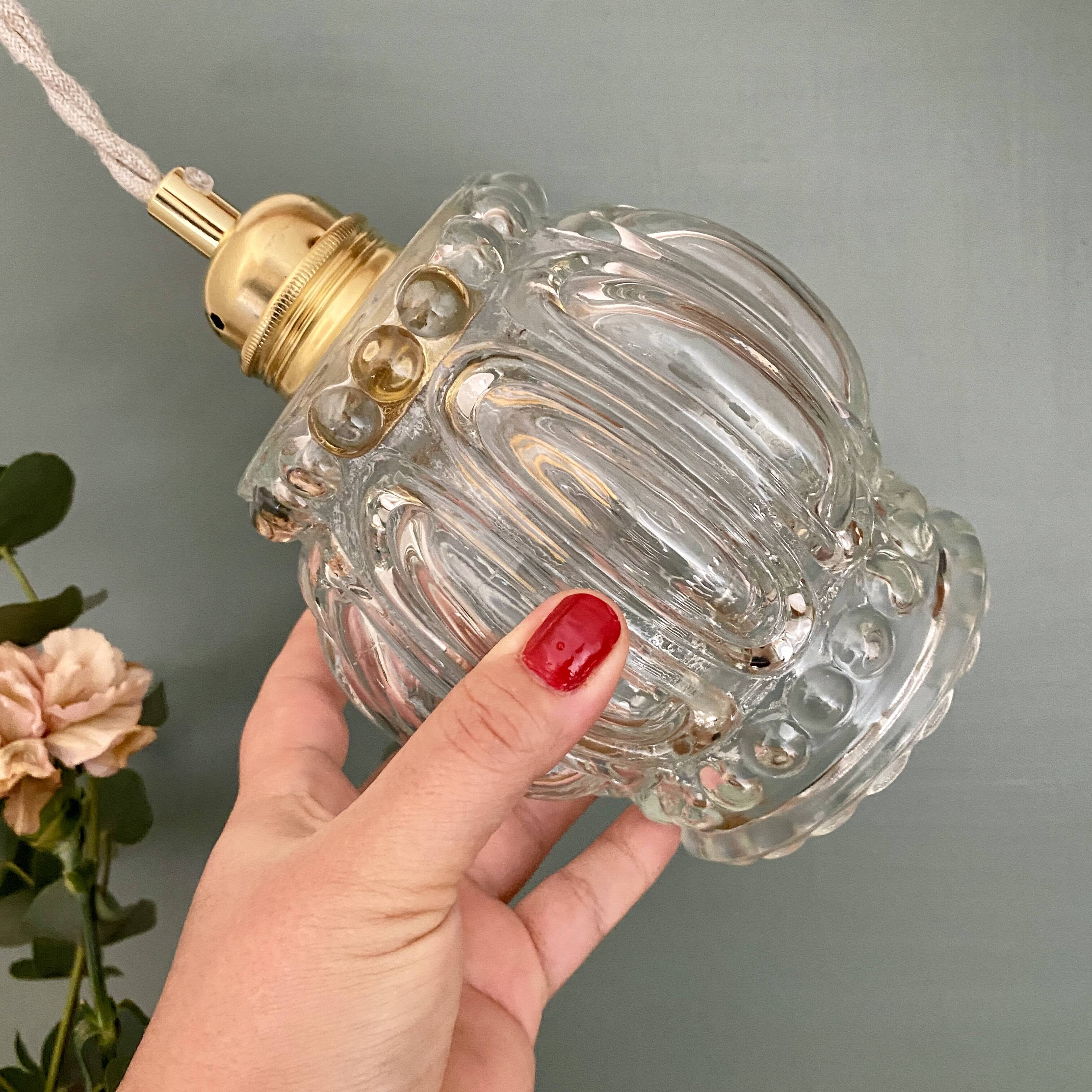Vintage globe pendant light in transparent bubbled glass