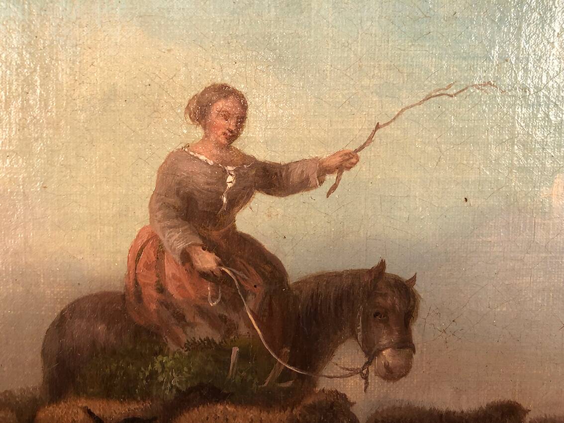 Prosper Ferey, large oil on canvas, “Shepherdess and her flock” mid-19th century