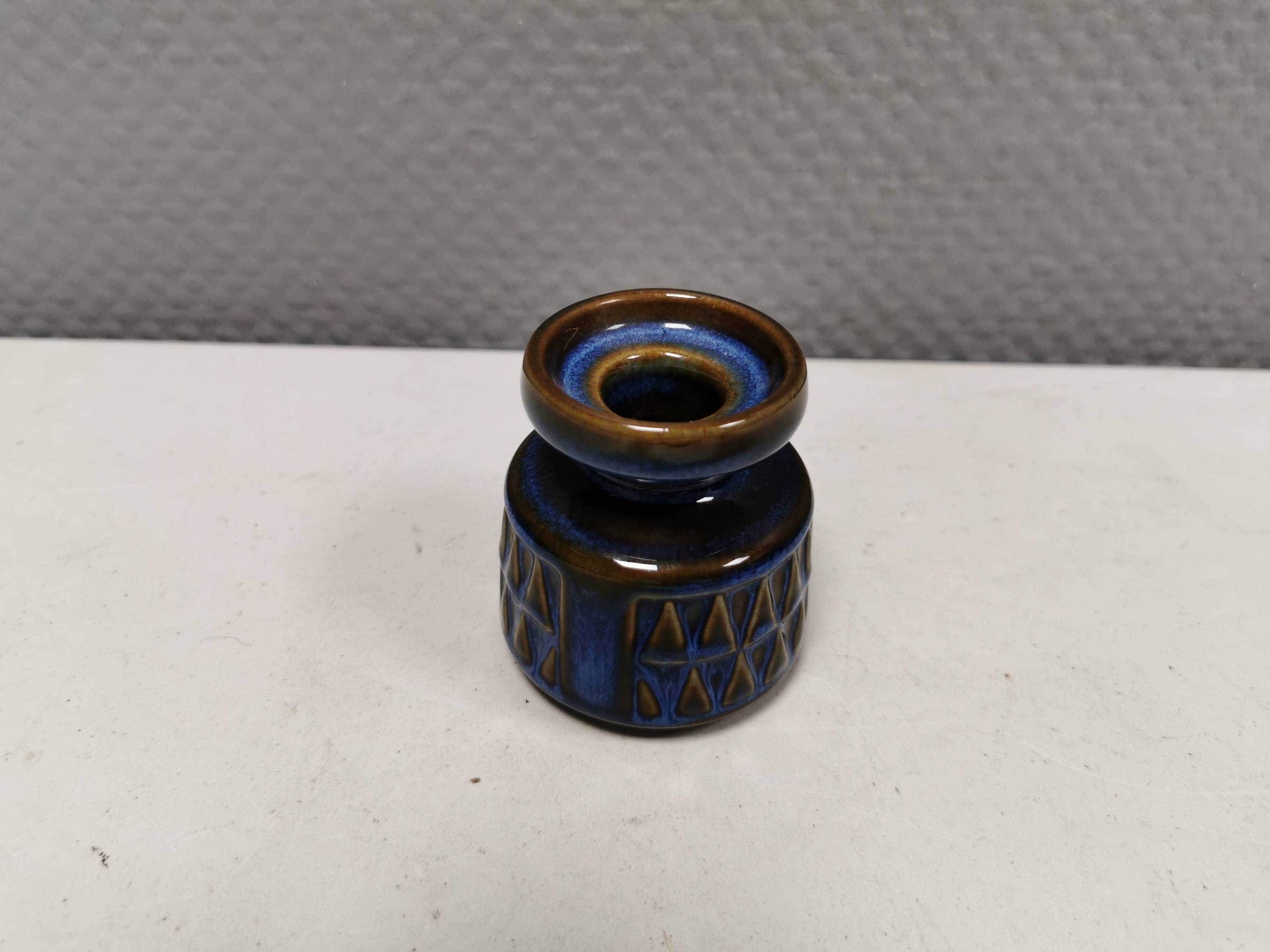 Small candle holder in blue glaze from Danish Søholm 1970s.