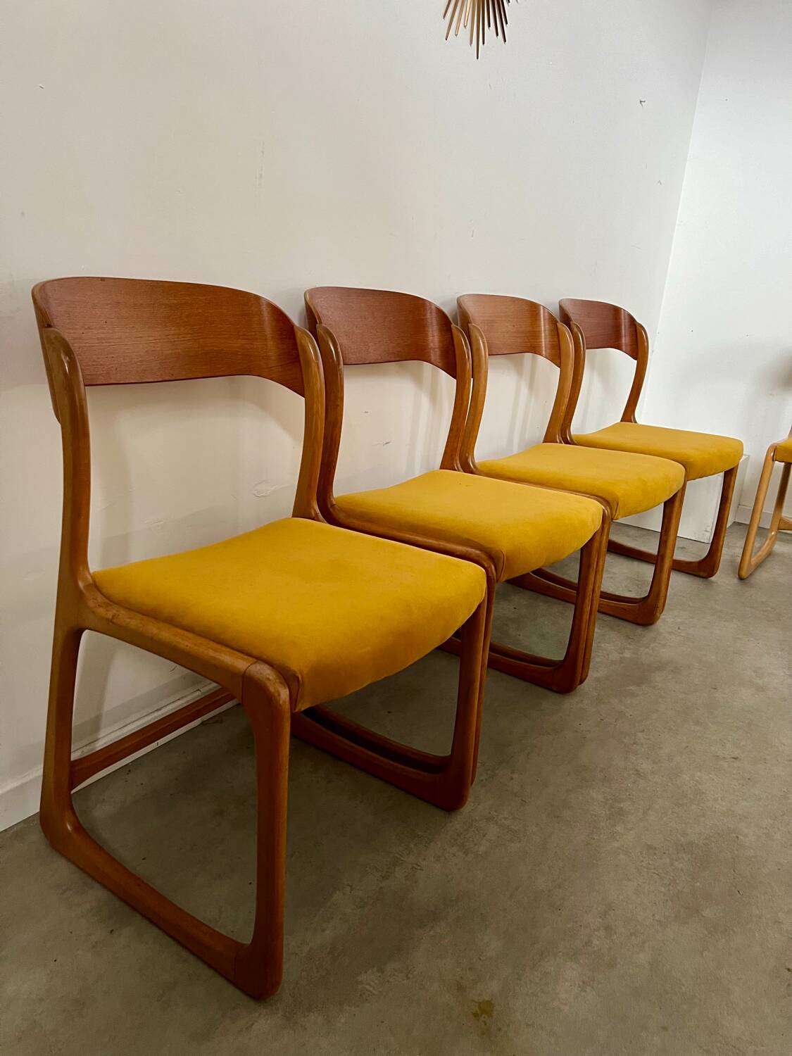 Set of 7 Baumann sled chairs in wood and mustard yellow fabric, 1960s