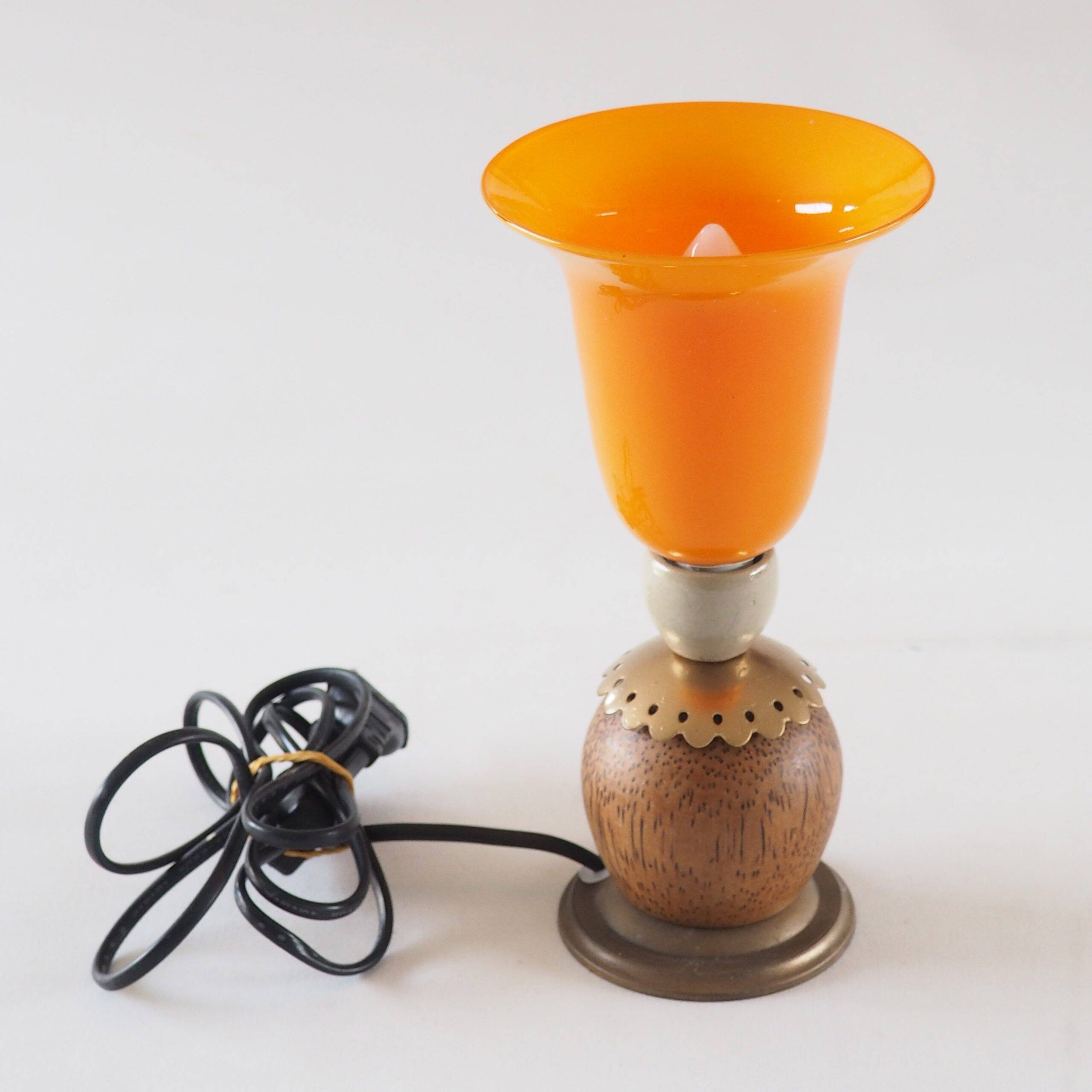 Orange glass ball lamp with wood