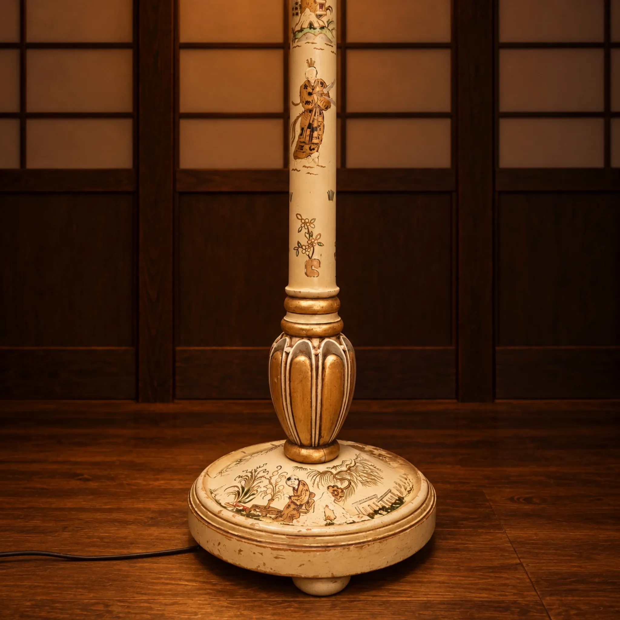 Lampadaire antique japonais peint à la main blanc et or (nouvel abat-jour)