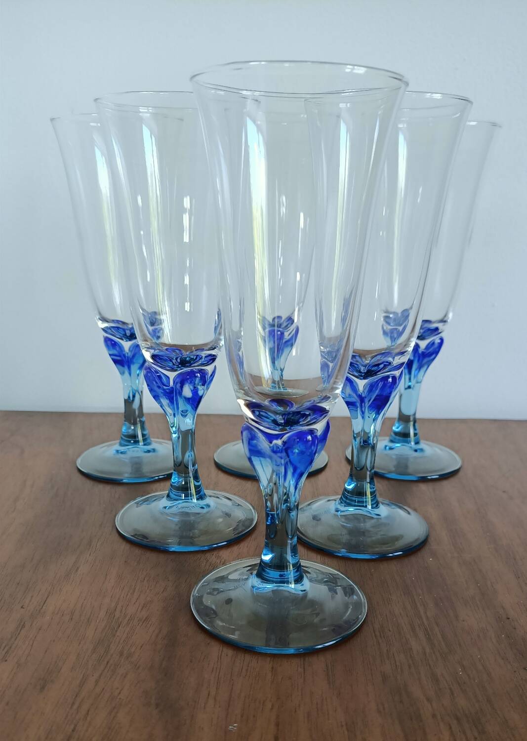 Luminarc champagne flutes from the 70s with blue stem