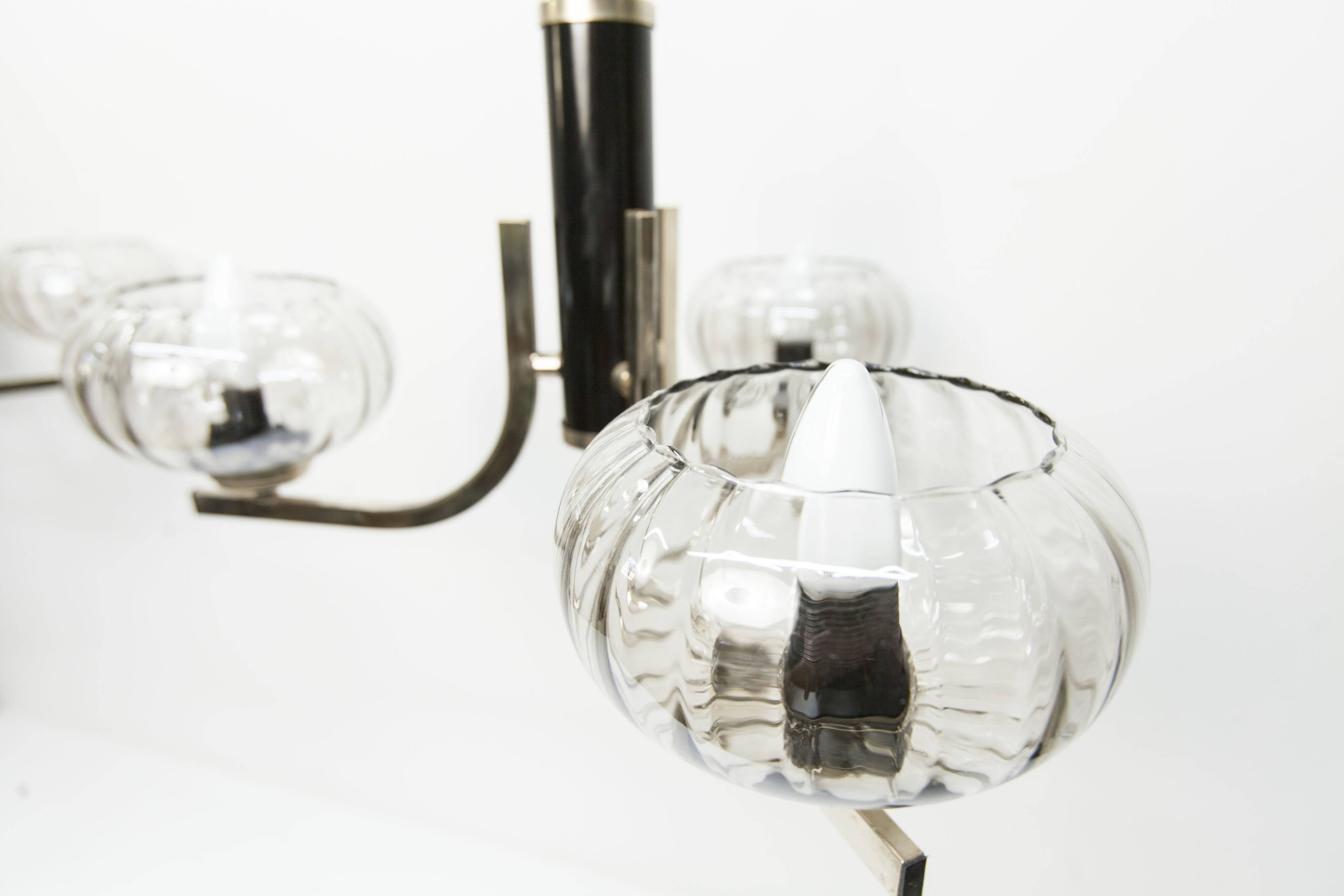 See Delmas chandelier, 3 arms, black and gold, clear glass, 1960