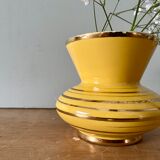 Vase vintage art déco en céramique jaune et doré