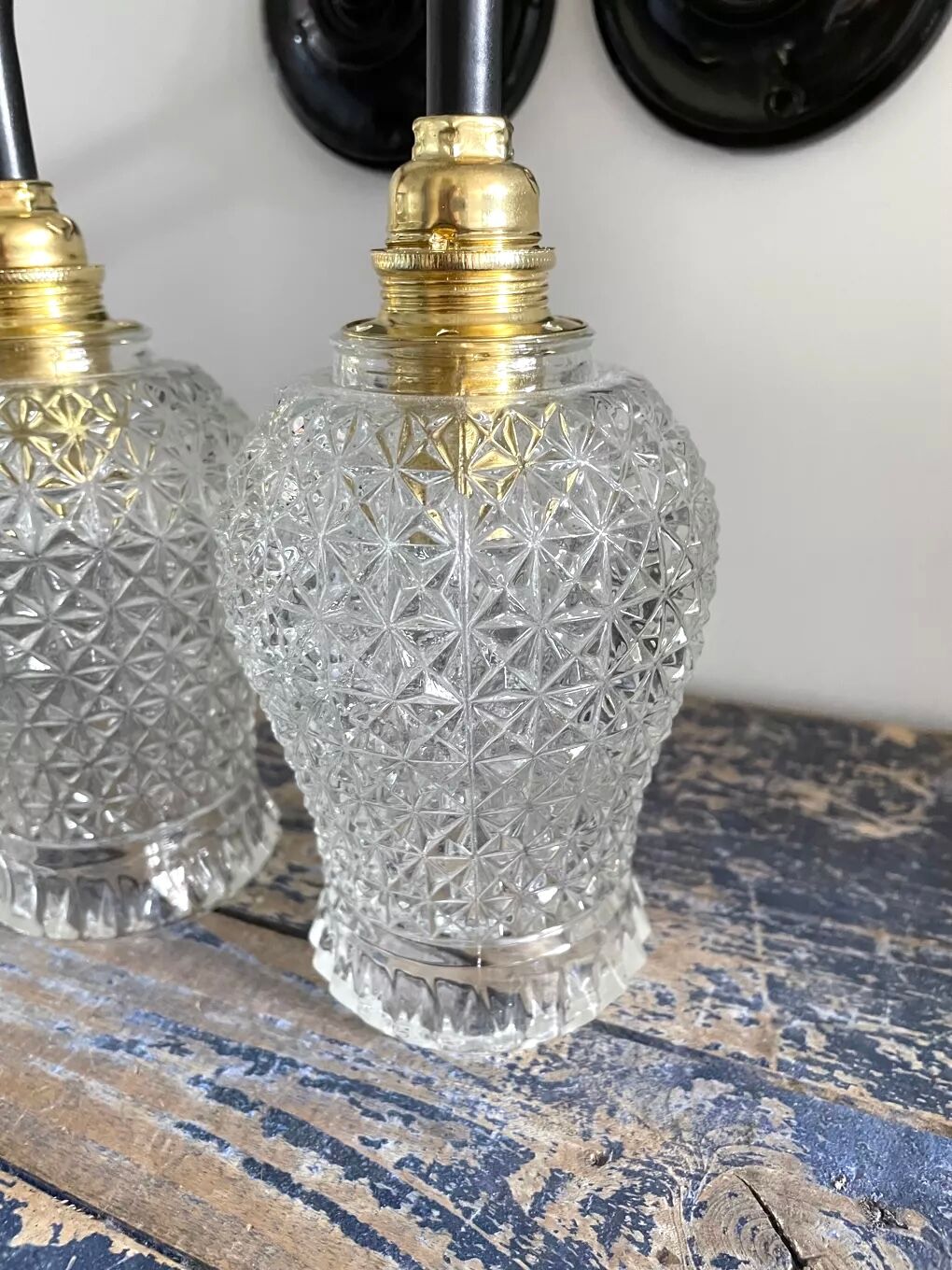 Pair of vintage electrified glass wall lamps