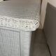White rattan bedroom set: chest of drawers, mirror, bed, basket