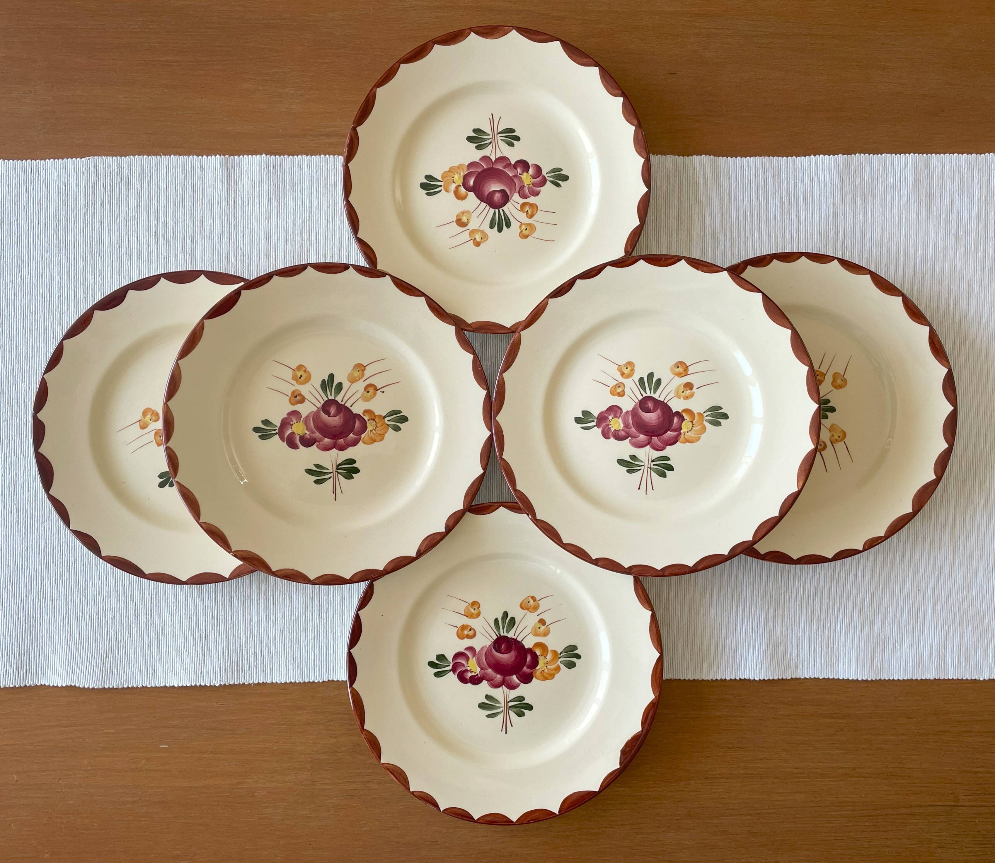 6 antique Longchamp earthenware dessert plates