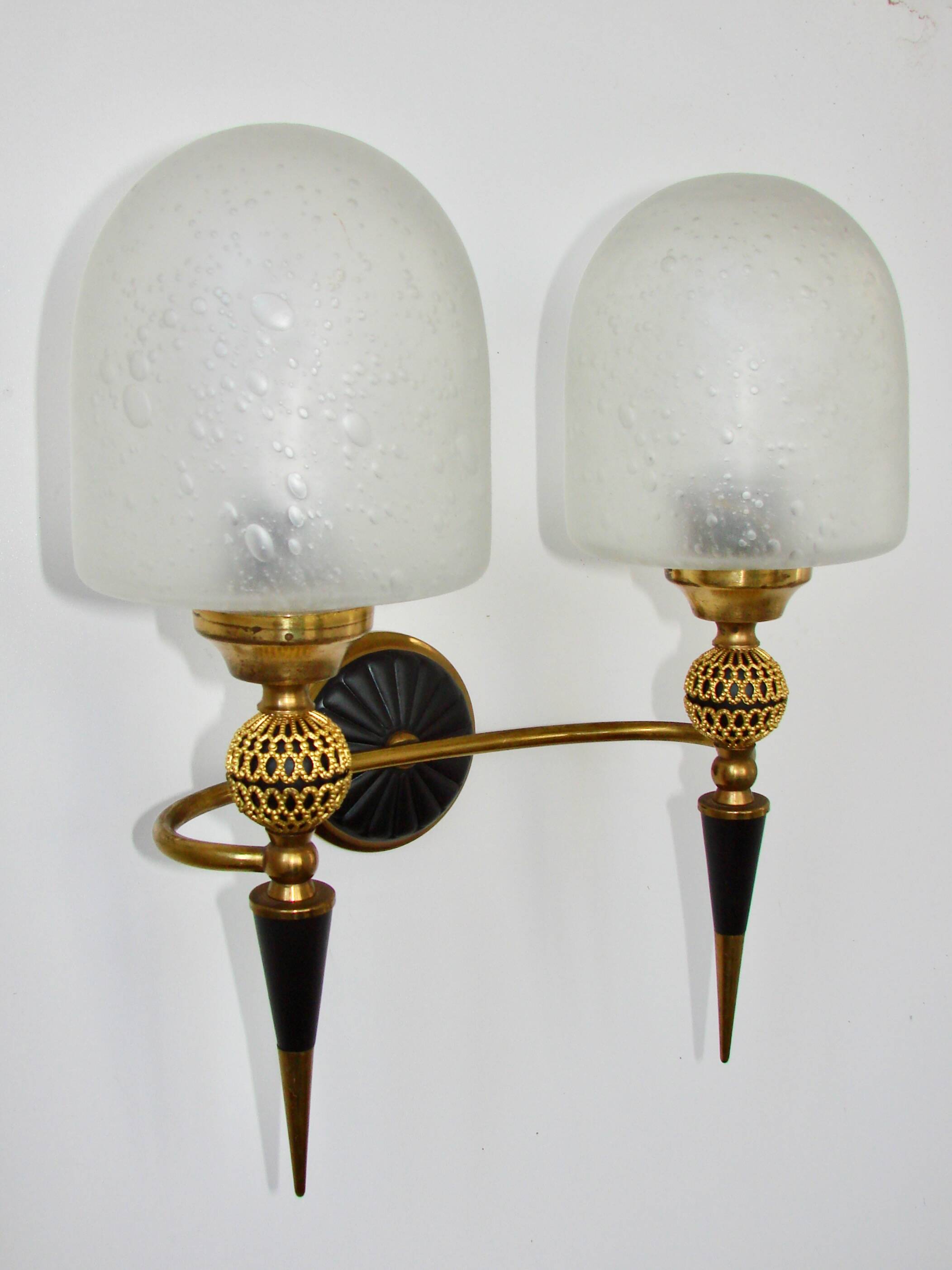 Mid-century brass wall lamp, 1950s, glass and brass, 2xE14