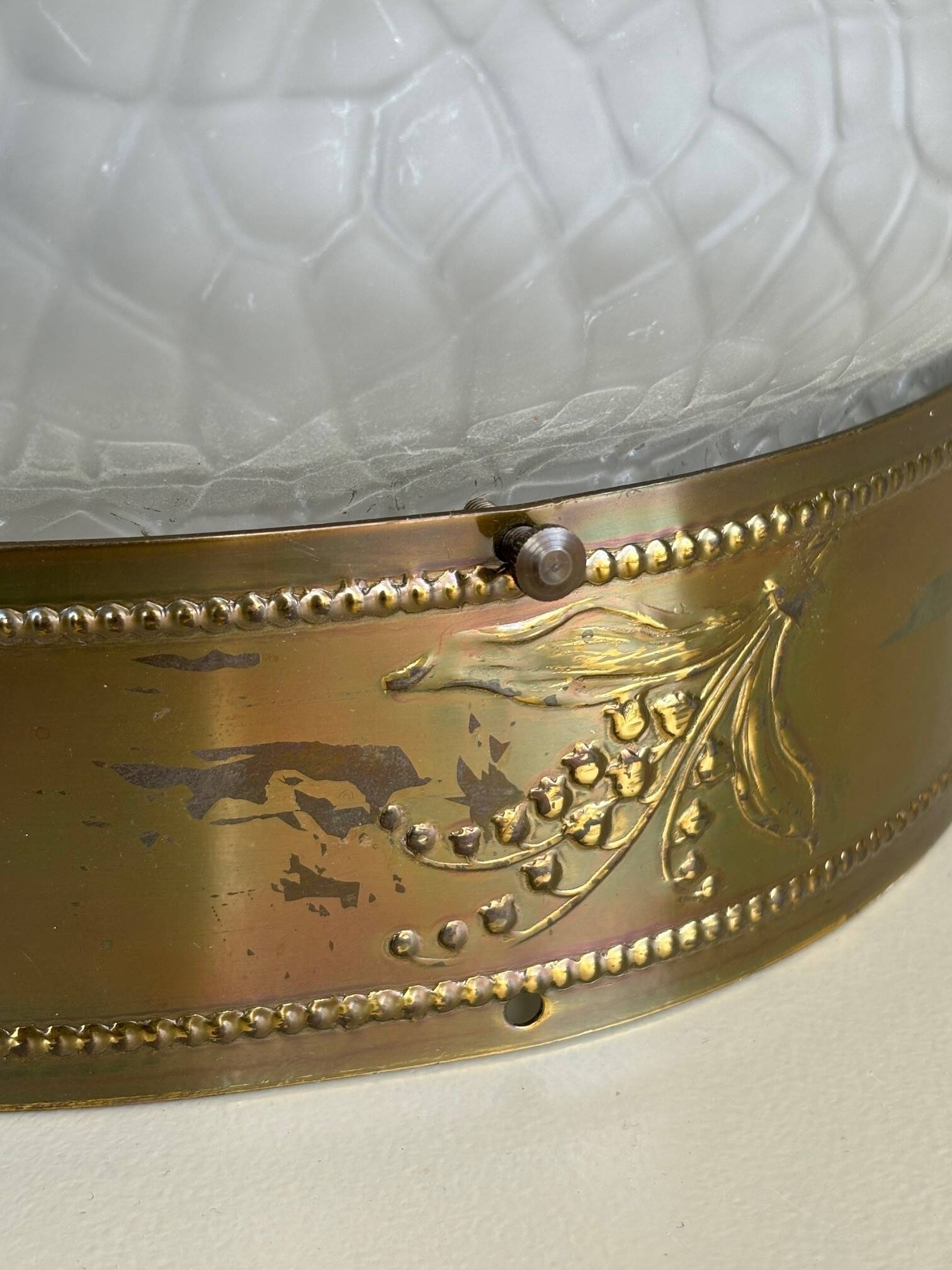 2 1930s ceiling lights in brass and frosted glass